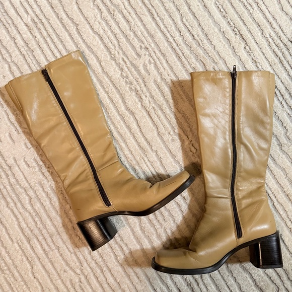 Chic Beige Leather Mid Calf Heeled Boots - Picture 2 of 3